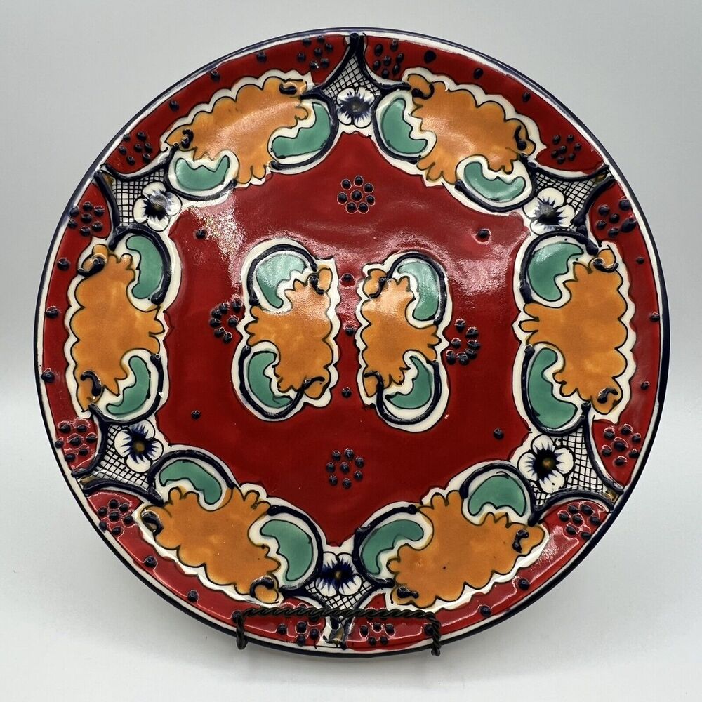Mexican Pottery Hand Painted Cake Plate Serving Platter 12" Orange Red Yellow
